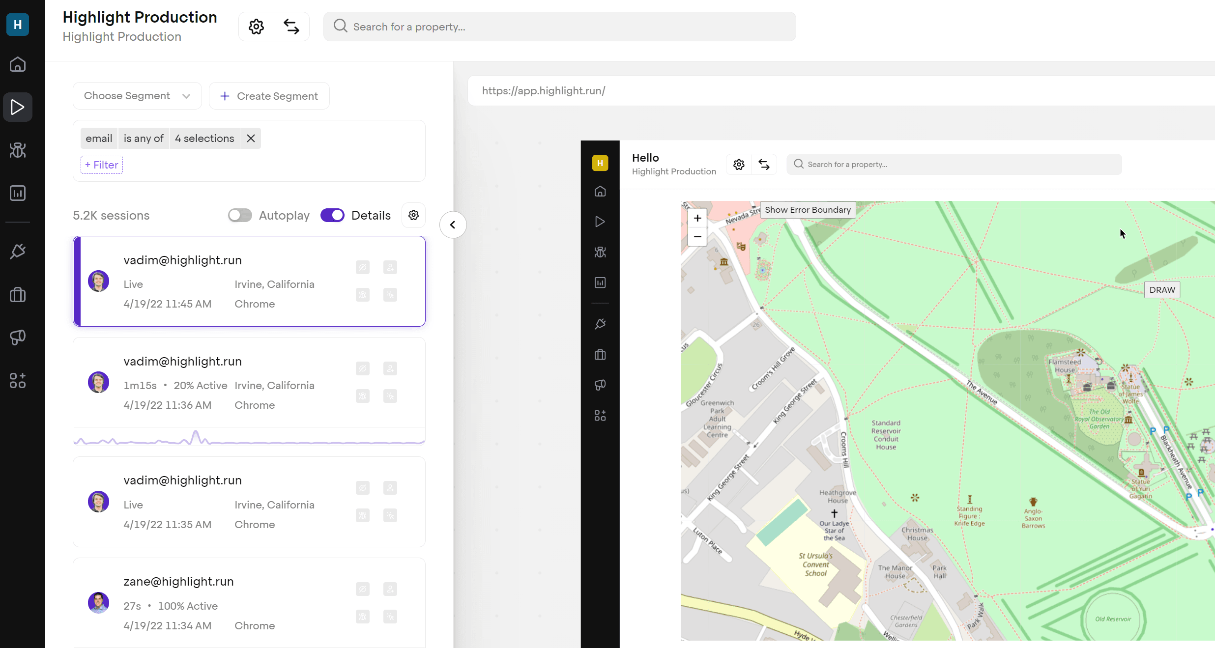 rendering in a session replay